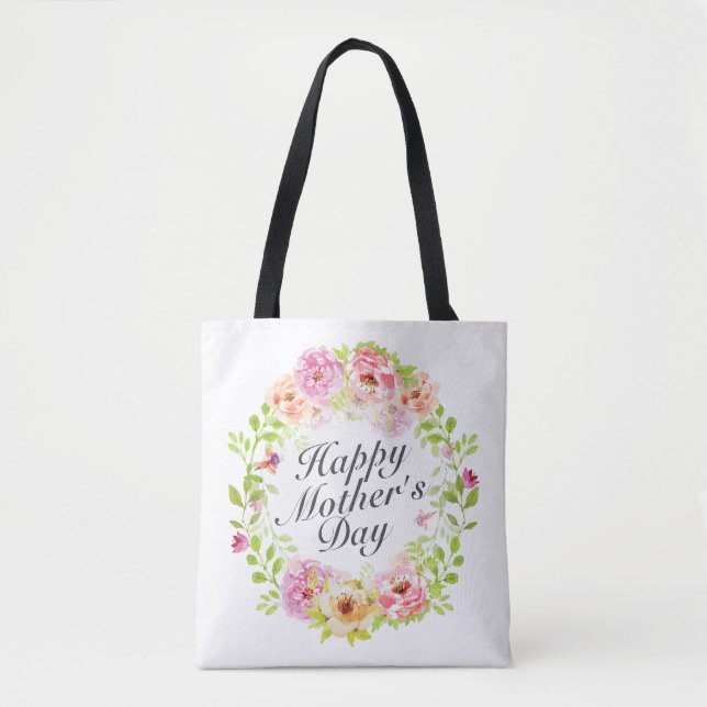 Elegant Happy Mother's Day Floral Wreath Tote Bag (Front)