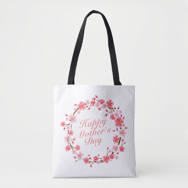 Elegant Happy Mother's Day Floral Wreath Tote Bag (Front)