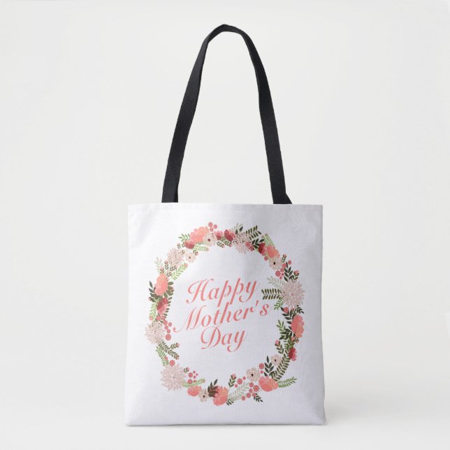 Elegant Happy Mother's Day Floral Wreath Tote Bag (Front)