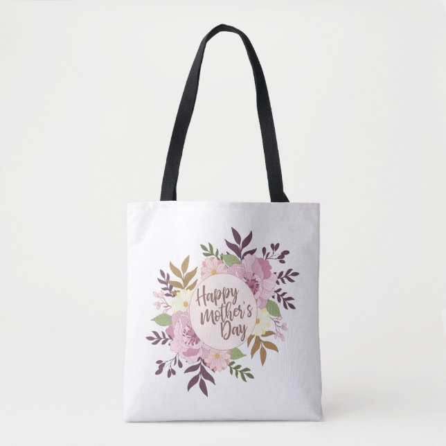 Elegant Happy Mother's Day Floral Wreath Tote Bag (Front)