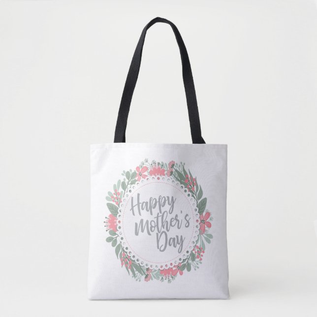 Elegant Happy Mother's Day Floral Wreath Tote Bag (Front)