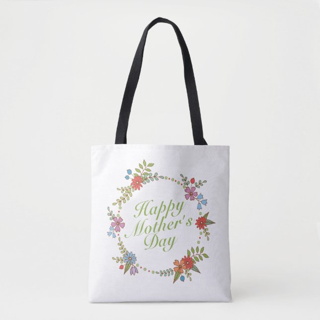 Elegant Happy Mother's Day Floral Wreath Tote Bag (Front)