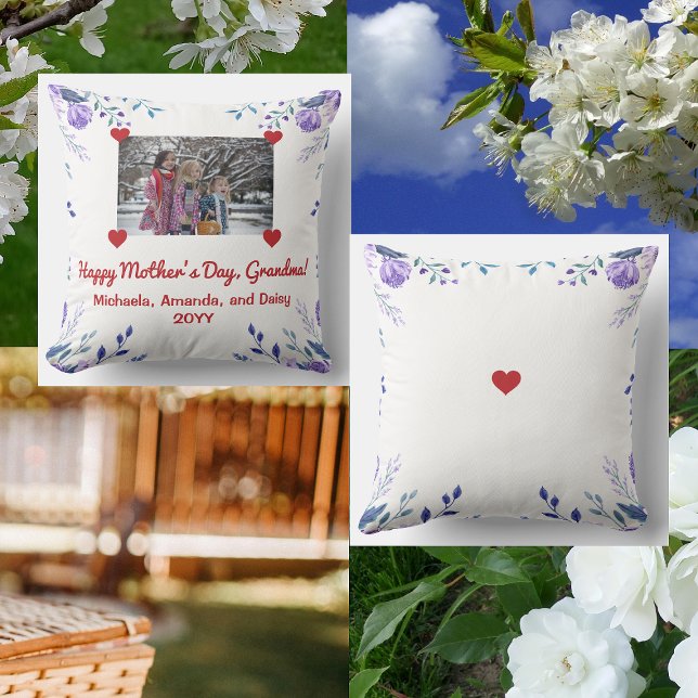 Elegant Happy Mother's Day Grandma Photo Floral Cushion (Happy Mother's Day, Grandma! Elegant personalized floral photo pillow with hearts holding the photo)