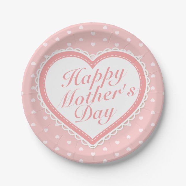 Elegant Happy Mother's Day Pink Hearts Paper Plate (Front)
