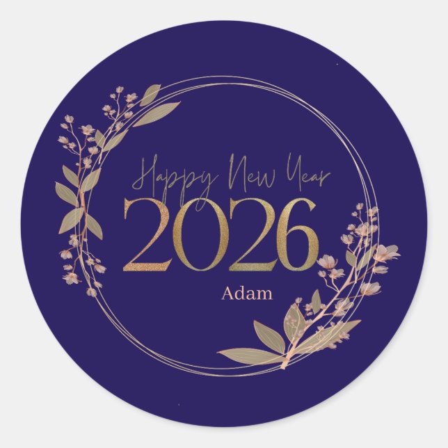 Elegant Happy New Year 2026 Blue & Gold Personaliz Classic Round Sticker (Front)