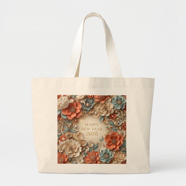 elegant happy new year 2026 floral tote bag (Front)