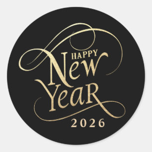 Elegant Happy New Year Black Gold Classic Round Sticker