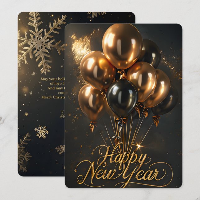 Elegant Happy New Year Gold Black Balloons  Holiday Card (Front/Back)