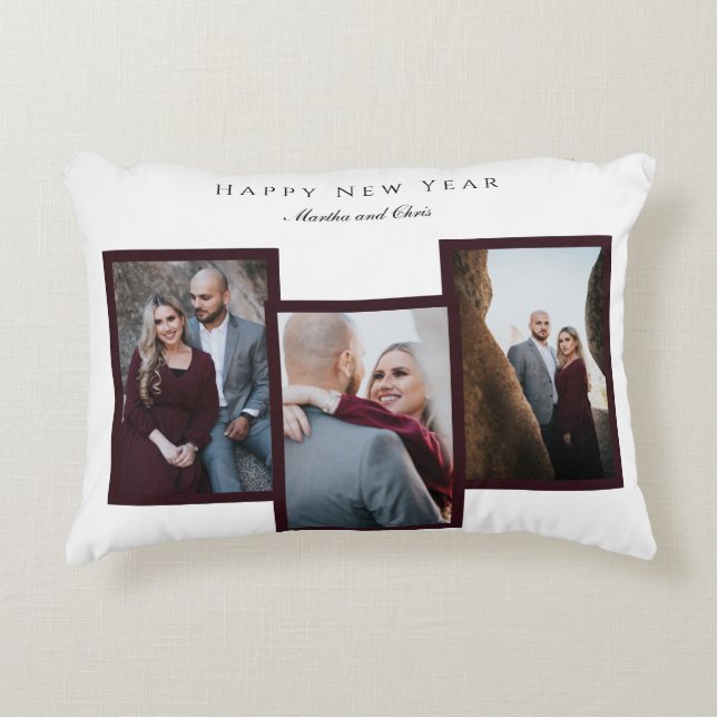 Elegant Happy New Year Script 3 Photo Collage Red Decorative Cushion (Front)