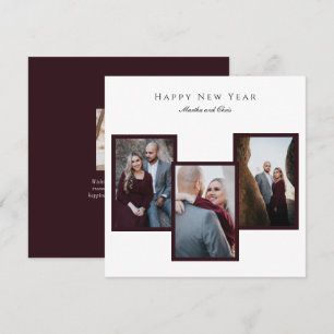 Elegant Happy New Year Script 3 Photo Collage Red Holiday Card