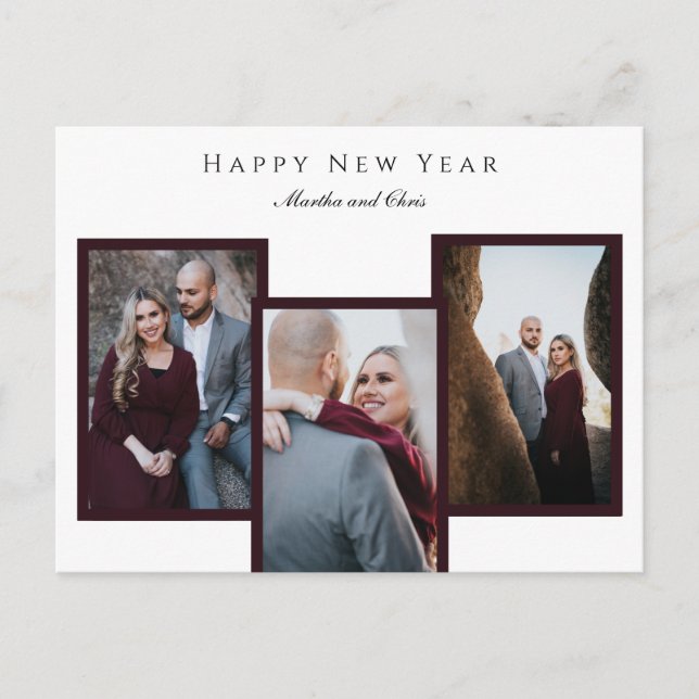 Elegant Happy New Year Script 3 Photo Collage Red Holiday Postcard (Front)