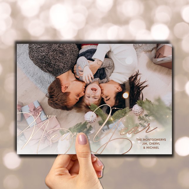 Elegant Happy New Year Script Rose Gold Foil Holiday Card (Elegant Happy New Year Script Rose Gold Foil Holiday Cards)