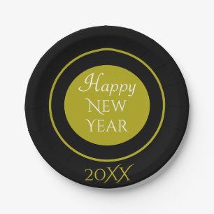 Elegant Happy New Year with Year Black Gold Paper Plate