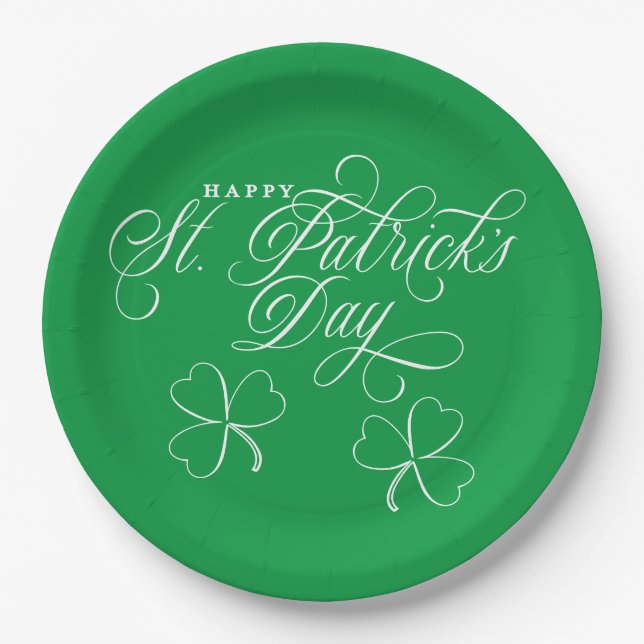 Elegant Happy St. Patricks Day script w/ shamrocks Paper Plate (Front)