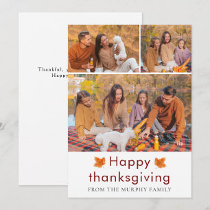 Elegant Happy Thanksgiving Autumn Leaves 3 Photo Holiday Card