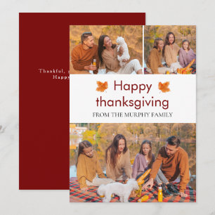 Elegant Happy Thanksgiving Autumn Leaves 3 Photo Holiday Card