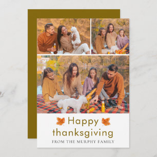 Elegant  Happy Thanksgiving Autumn Leaves 3 Photo Holiday Card