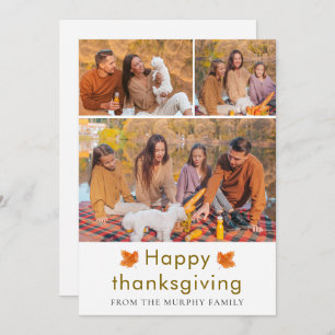 Elegant  Happy Thanksgiving Autumn Leaves 3 Photo Holiday Card