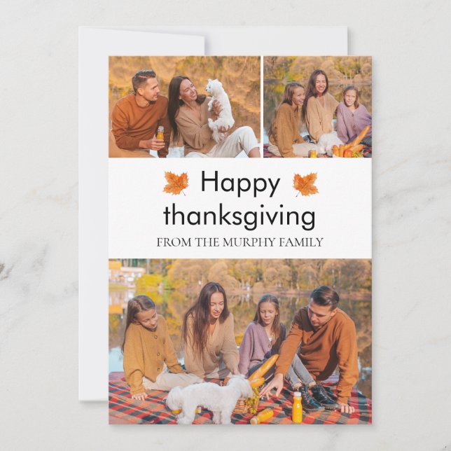 Elegant  Happy Thanksgiving Autumn Leaves 3 Photo Holiday Card (Front)