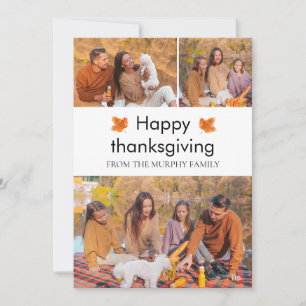 Elegant  Happy Thanksgiving Autumn Leaves 3 Photo Holiday Card
