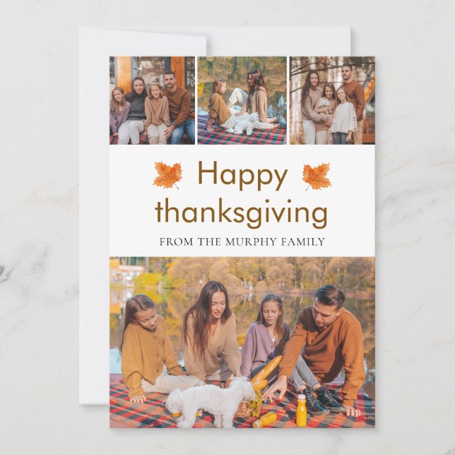 Elegant  Happy Thanksgiving Autumn Leaves 4 Photo Holiday Card (Front)