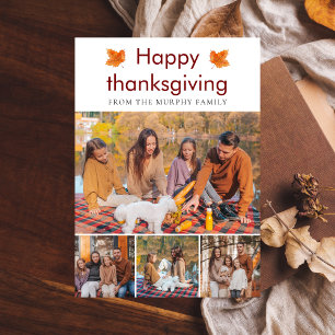 Elegant  Happy Thanksgiving Autumn Leaves 4 Photo Holiday Card