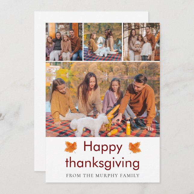 Elegant  Happy Thanksgiving Autumn Leaves 4 Photo Holiday Card (Front/Back)