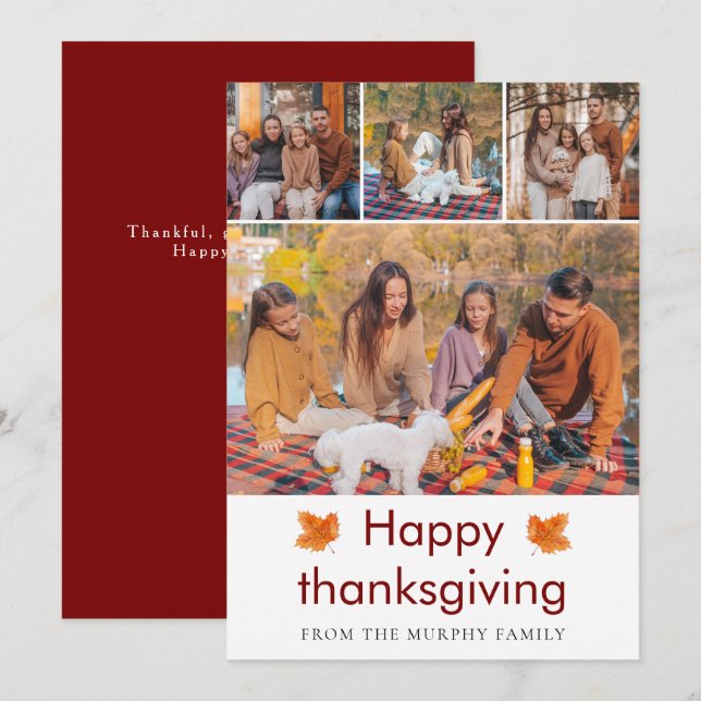 Elegant  Happy Thanksgiving Autumn Leaves 4 Photo Holiday Card (Front/Back)