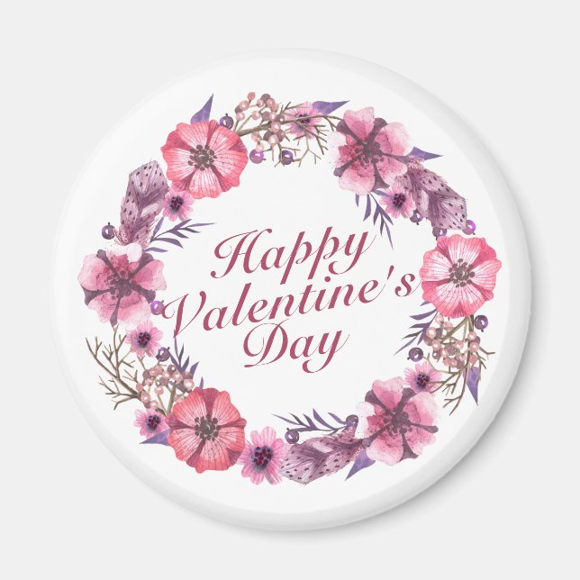 Elegant Happy Valentine's Day Floral Wreath Magnet (Front)