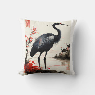 Elegant Harmony: Black and Red a crane chinnese Cushion