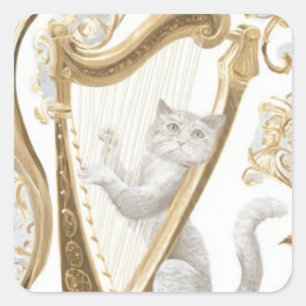 Elegant Harp Cat Sticker – Minimal Fantasy