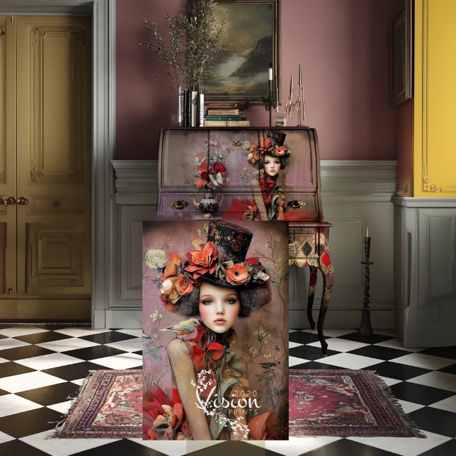Elegant Hatter Top Hat Red Rose Portrait Tissue Paper (Decoupage sheet leaning against vintage secretary desk on checkerboard floor in mauve yellow room)