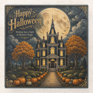 Elegant Haunted Manor Halloween Glass Coaster