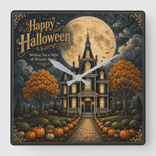 Elegant Haunted Manor Halloween Square Wall Clock