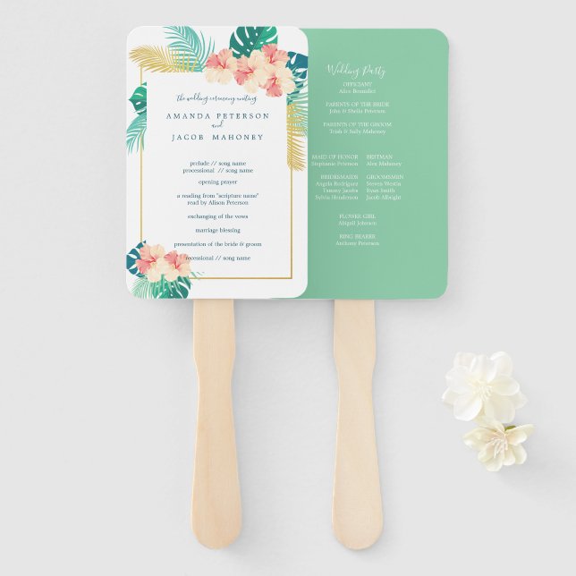 Elegant Hawaiian Hibiscus Wedding Program Hand Fan (Front and Back)