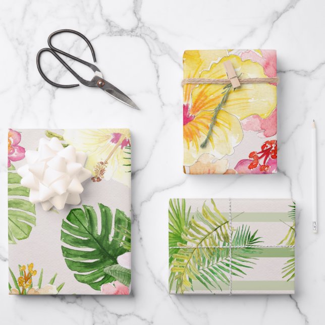 Elegant Hawaiian Tropical Watercolor Floral Wrapping Paper Sheet (Front)