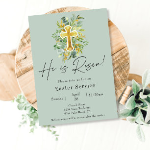 Elegant He is Risen Green Church Easter Service Invitation