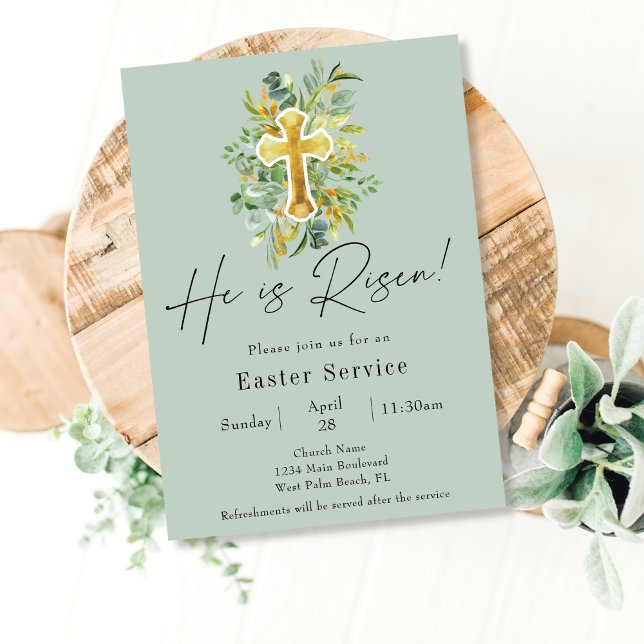 Elegant He is Risen Green Church Easter Service Invitation (Creator Uploaded)