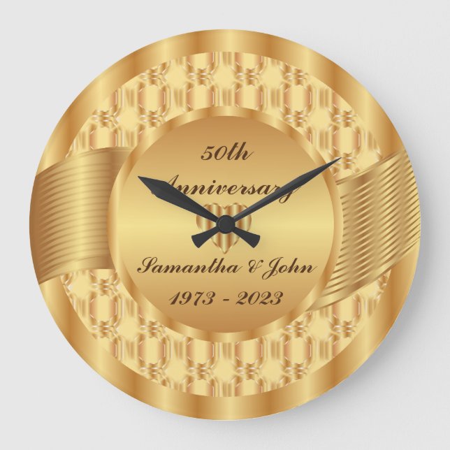 Elegant Heart 50th Gold Wedding Anniversary Large Clock (Front)