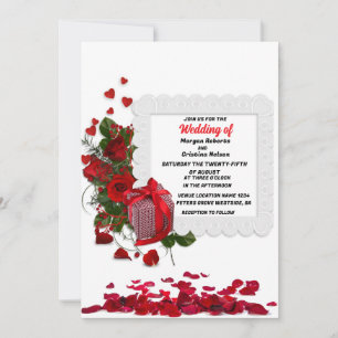 Elegant heart and Red Rose Romantic Floral Wedding Invitation