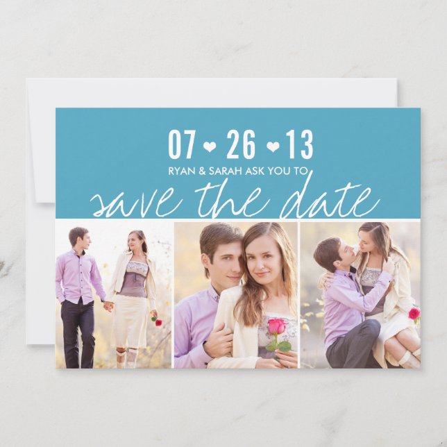 Elegant Heart Blue Save the Dates with Photos Date (Front)