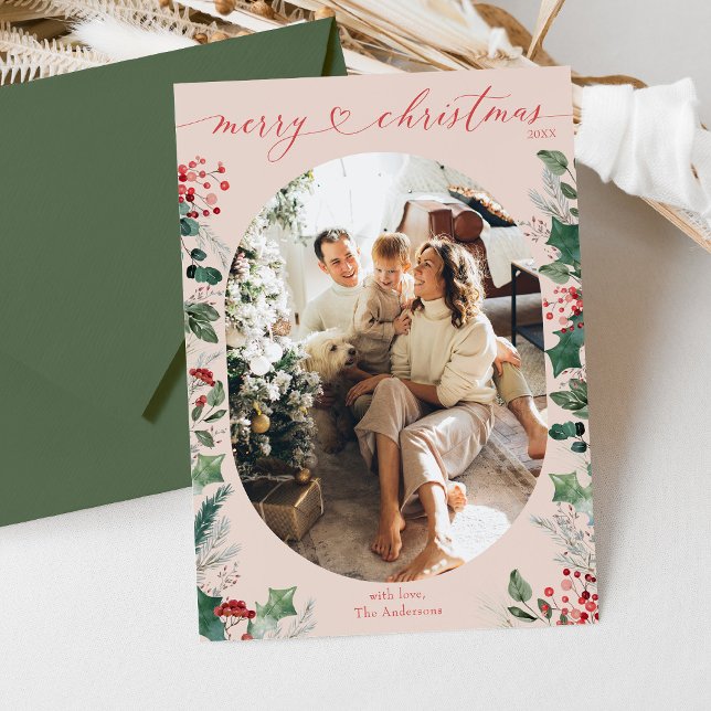 Elegant Heart Calligraphy Pastel Merry Christmas Holiday Card (Creator Uploaded)