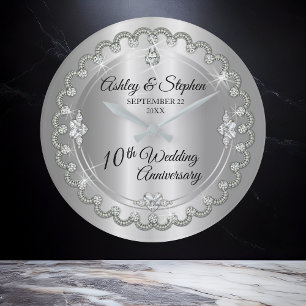 Elegant Heart Diamonds 10th Wedding Anniversary Large Clock