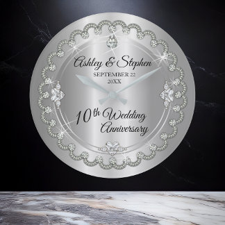 Elegant Heart Diamonds 10th Wedding Anniversary Large Clock