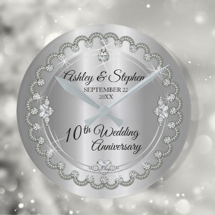 Elegant Heart Diamonds 10th Wedding Anniversary Round Clock
