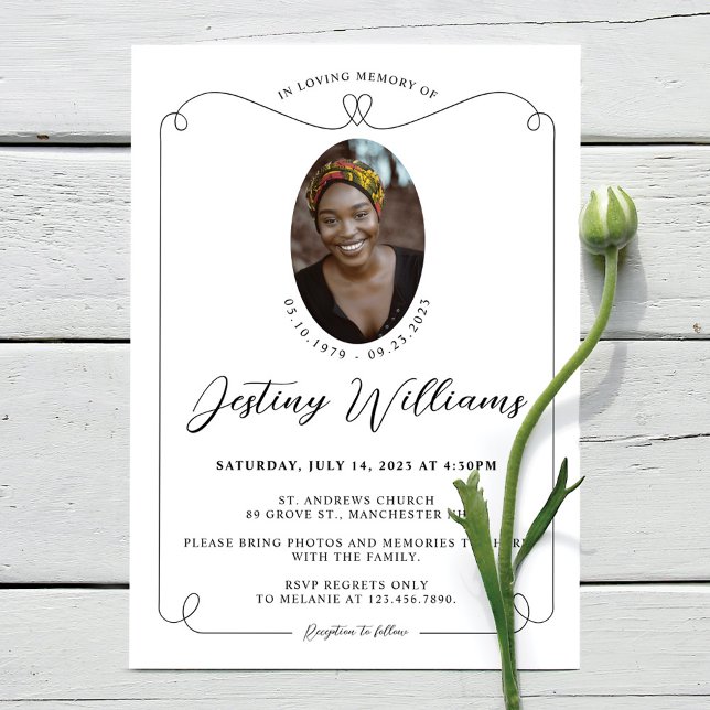 Elegant Heart Frame Loving Memory Photo Funeral Invitation (Creator Uploaded)