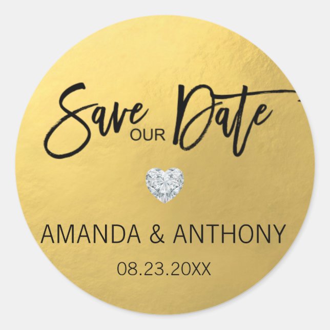 Elegant Heart Gold Foil Wedding SAVE OUR DATE Classic Round Sticker (Front)