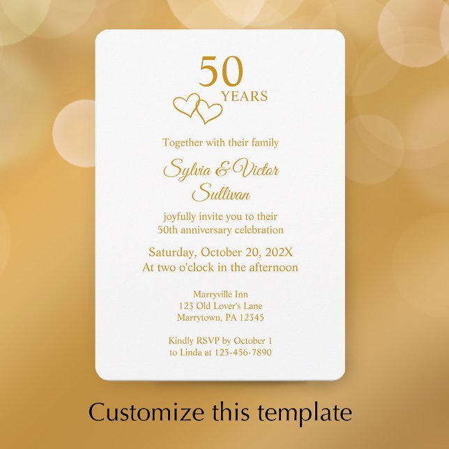 Elegant Heart Golden 50th Wedding Anniversary Invitation (Personalize this modern elegant golden 50th wedding anniversary party invitation.
)