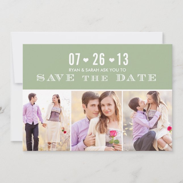 Elegant Heart Green Save the Dates with Photos Save The Date (Front)