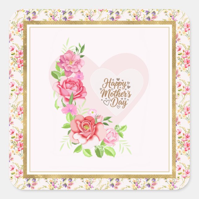 Elegant Heart Happy Mother’s Day – Rose Floral Square Sticker (Front)